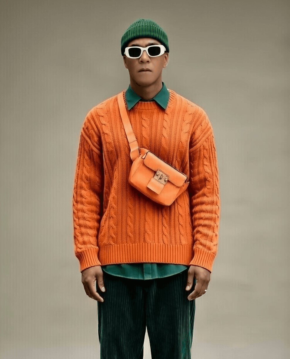 Person in orange sweater with green beanie and sunglasses