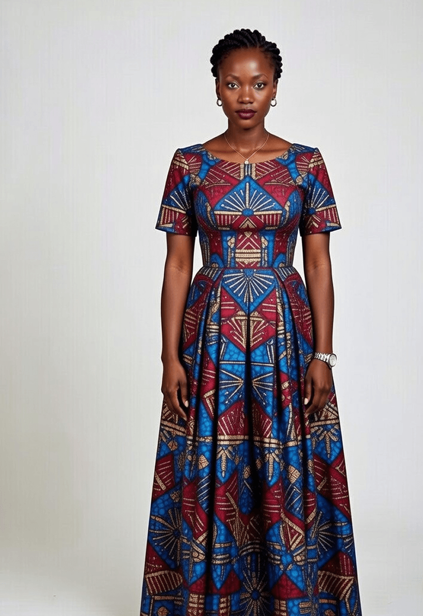 African woman in blue-red print dress